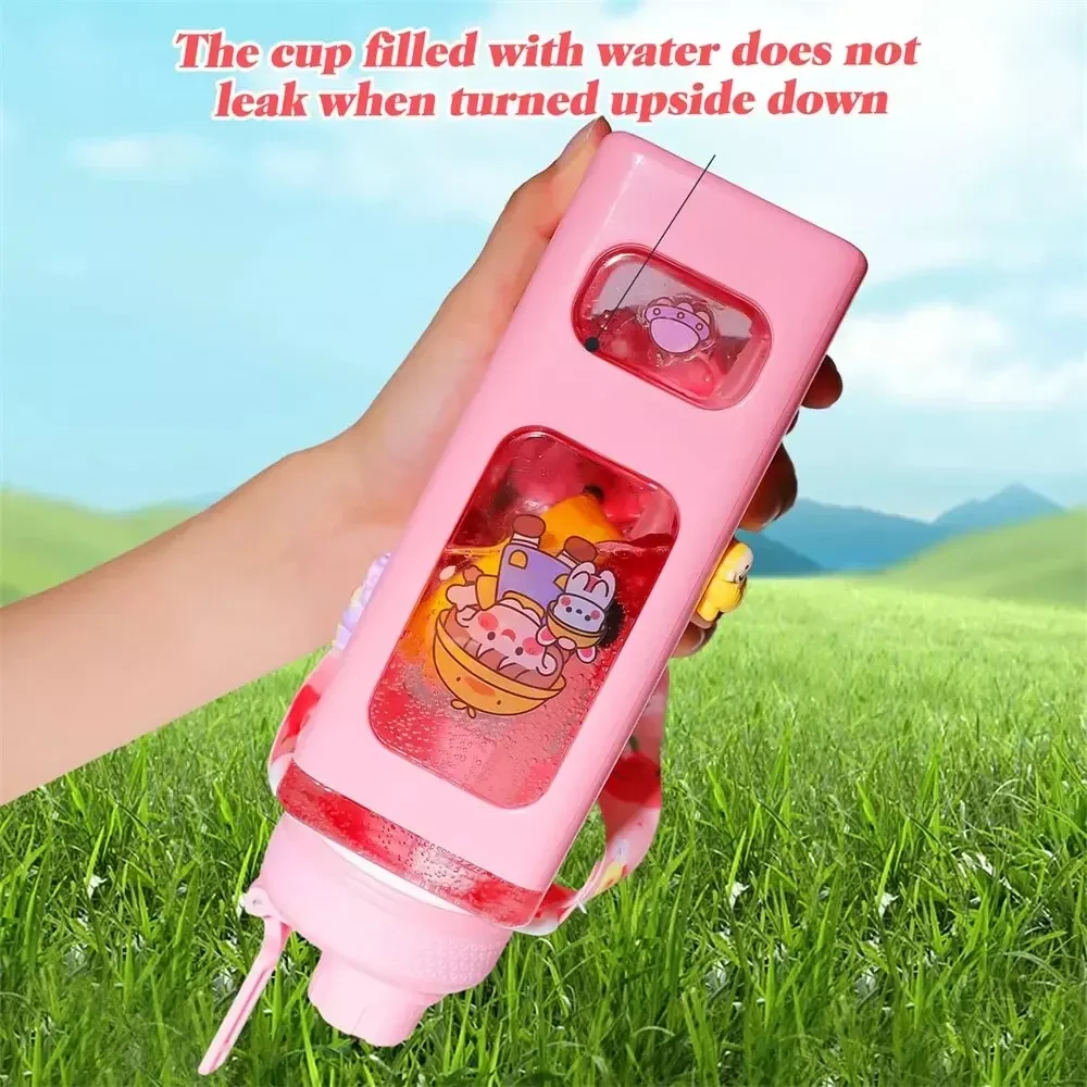 빨대 3D 스티커가 달린 귀여운 어린이 물병, 휴대용 음료 차 우유 누출 방지 물병, 700ml