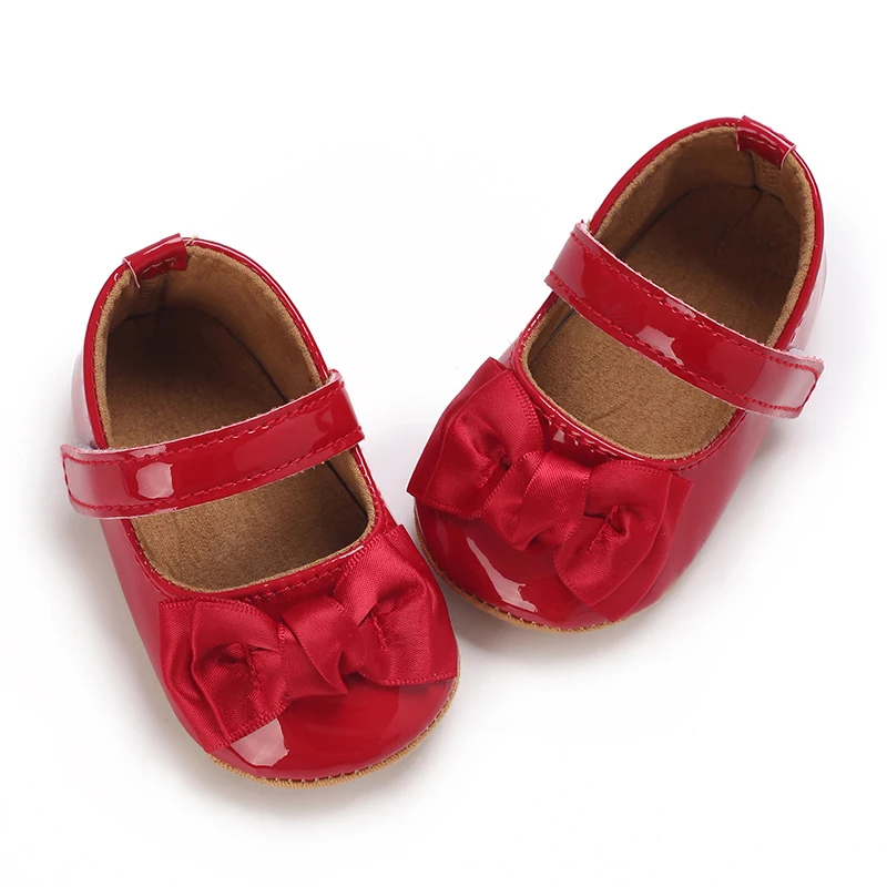 Baby shoes Red classic PU leather girl bow princess flat shoes anti slip rubber sole walking newborn baby crib dress shoes 0-18M