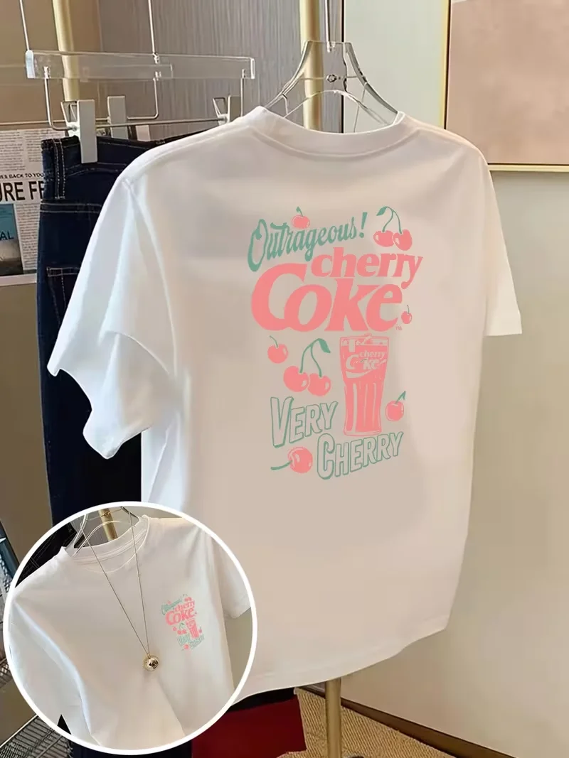 Lady's Tops, Cherry Coke Graphic T-Shirt, Front & Back Print Casual Crew Neck Short Sleeve Top, Spring Summer Daily Streetwear 1