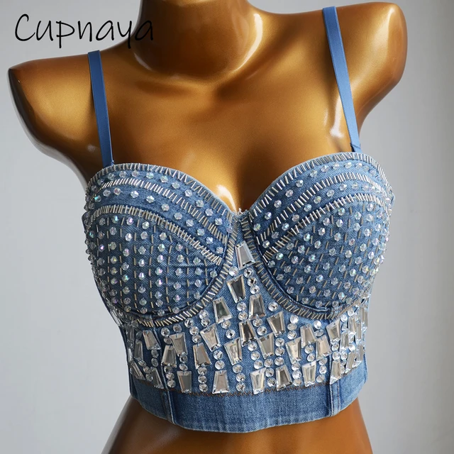 Cupnaya Glitter Diamante Rivets Women Blue Denim Crop Top Sexy Push-up  Bustier Shiny Clubwear Short Corset Bralette Tube Vest - Tanks & Camis -  AliExpress