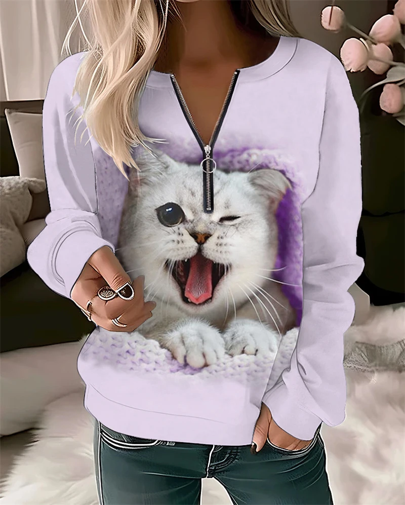 

Women's Round Neck Zipper Sweater with Cat Element Print 2023 Autumn New Top Plus Size Commuter Shopping Party Sweatshirt