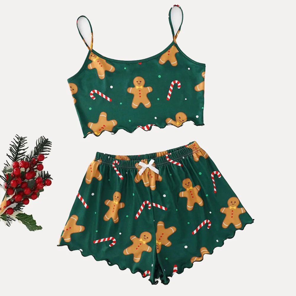 Women Christmas Pajamas Set Girls Homewear Sleeveless Top With Shorts Loungewear