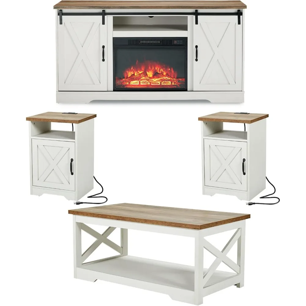 5-Piece Table Set includes Fireplace TV Stand Coffee Table& Two End Tables with Charging Station and USB Ports Distressed White