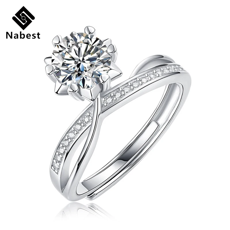 Nabest Trend Jewelry Women VVS D Color 1 CT Moissanite Diamond Adjustable Rings Wedding Engagement 925 Silver Finger Ring