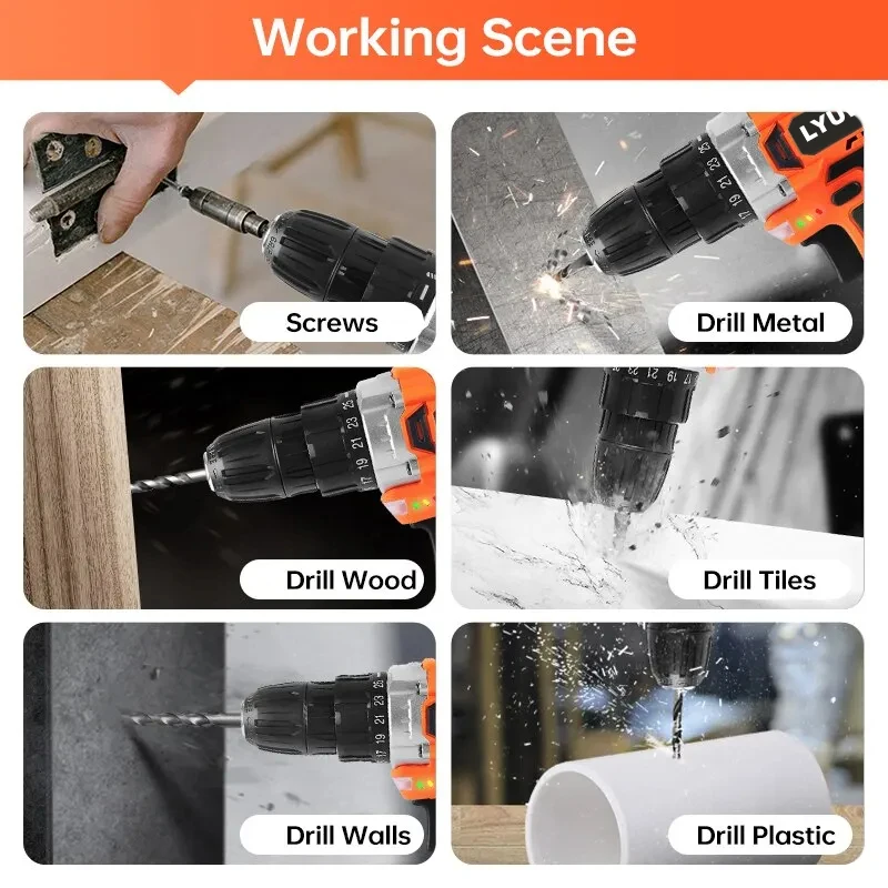 20V Cordless Drill 40N.m 25 Plus 1 LYUWO Electric Screwdriver Keyless Chuck Two Gear Speed Wireless Power Driver Battery Tools 6