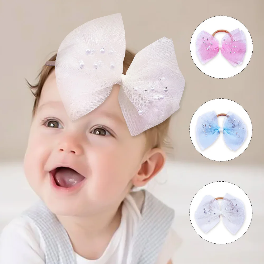 

Высококачественные фотореквизиты для девочек, аксессуары для волос, большой шифоновый бант с жемчугом, аксессуары для волос, нейлоновые повязки для волос без следов