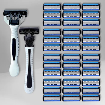 Navalha manual masculina de 6 lâminas com alça antiderrapante e múltiplas lâminas de reposição – ideal para aparar barbas e bigodes 1