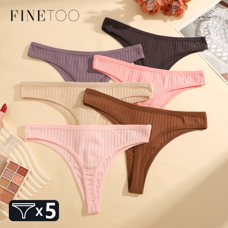FINETOO 5pcs Cotton Striped Thongs Breathable Underwear Women's Panties Sexy Low-Waist G-string Stretchy Solid Bikini Lingerie