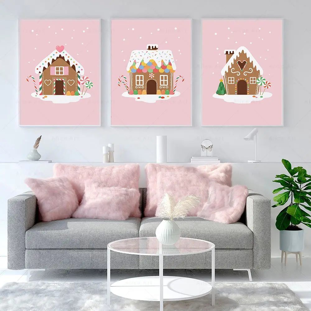 

Pink Christmas Decoration Poster Modern Holiday Decor Canvas Painting Gingerbread House Prints Decorative Home Kids Room Picture