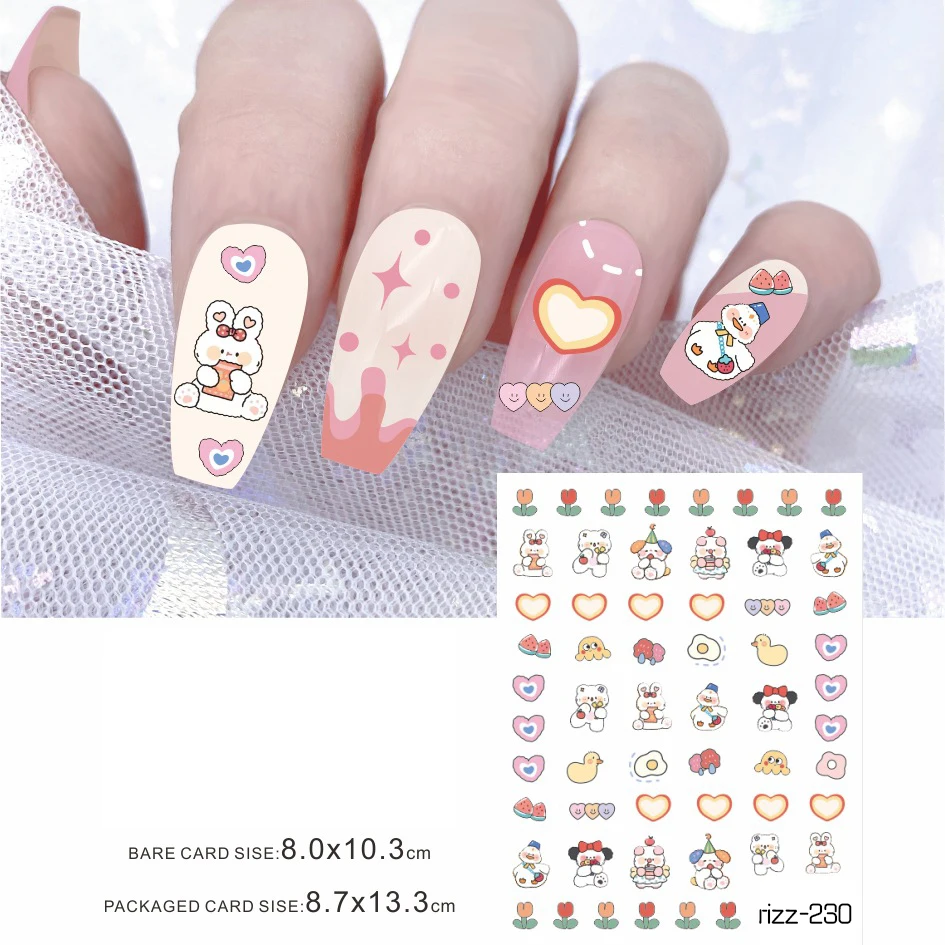 

RIZZNAIL Kawaii мультфильм Животные самоклеящиеся Стикеры в форме сердца цветы яйца украшения для ногтей творческие наклейки для ногтей