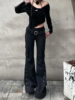 Retro new pure black rivet design belt decorative slim pants for women y2k Harajuku Goth low-waisted flared pants 1