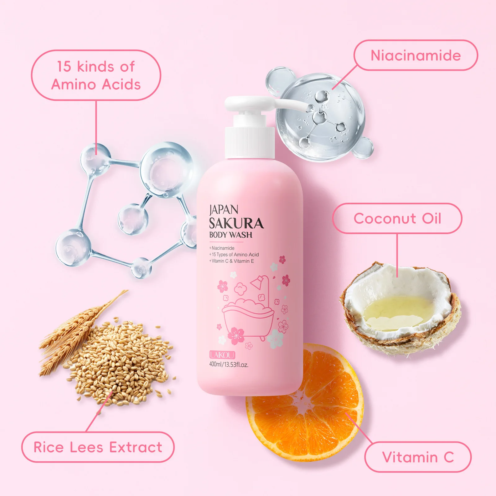 LAIKOU Sakura Shower Gel Long Moisturizing Smooth Long Lasting Fragrance Gentle Foam Body Cleansing Bath Product 400ml