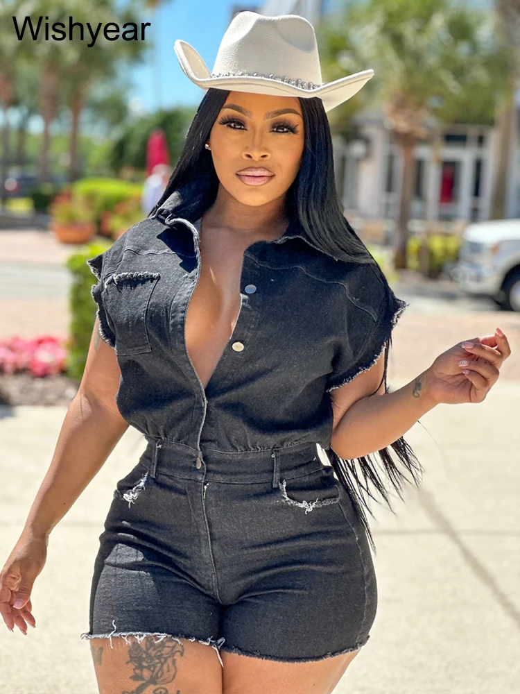 Fashion Black Stretch Denim Playsuit Women Shorts Jean Jumpsuits Button Up Slim One Piece Rompers Summer Streetwear Overalls