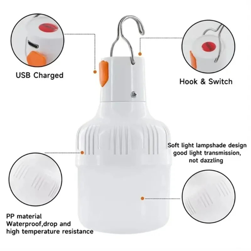 USB Rechargeable LED Camping Lantern - 300LM High Lumen Portable Emergency Light with Hook & Carry Design for  Outdoor