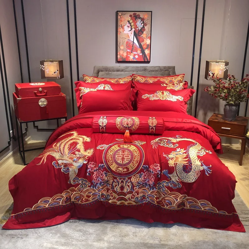 

100% cotton wedding 100 satin longstaple cotton 4-piece set 6-piece set 10-piece set 100% cotton bright red dragon and phoenix b