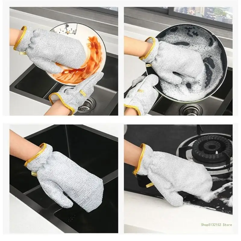 QX2E 1Pair of Silver Wire Dishwashing Gloves Wire Dishwashing Rags Heat Resistant