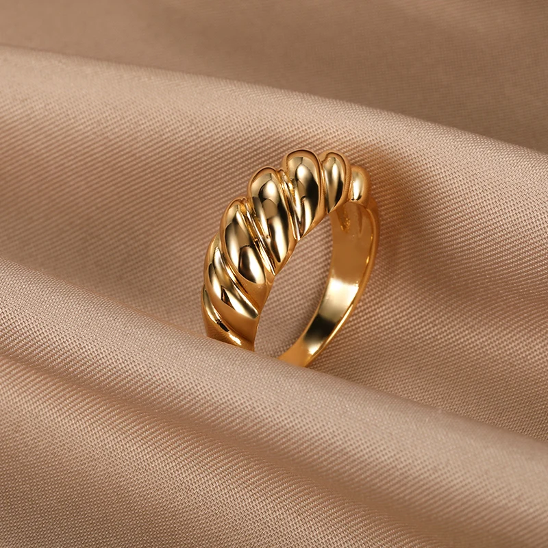 Stainless Steel with Gold Color Tarnish Free Croissant Chunky Gold Rings for Women Ladies Vintage Ring