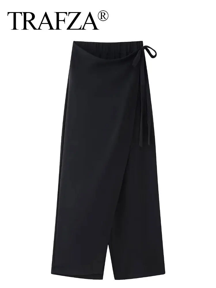 HH Women Fashion Drape Sarong Pants Vintage Solid Side Lace Up Loose Casual Elastic Waist Trousers Woman Asymmetrical Pant