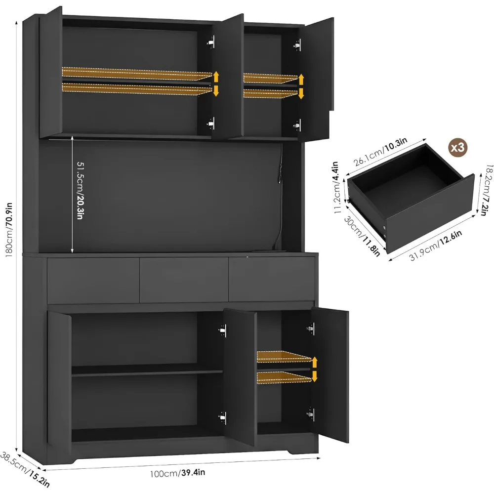 Large Kitchen Pantry Cabinet with Power Outlets, LED Lights, and Microwave Stand, Black Tall Storage Hutch