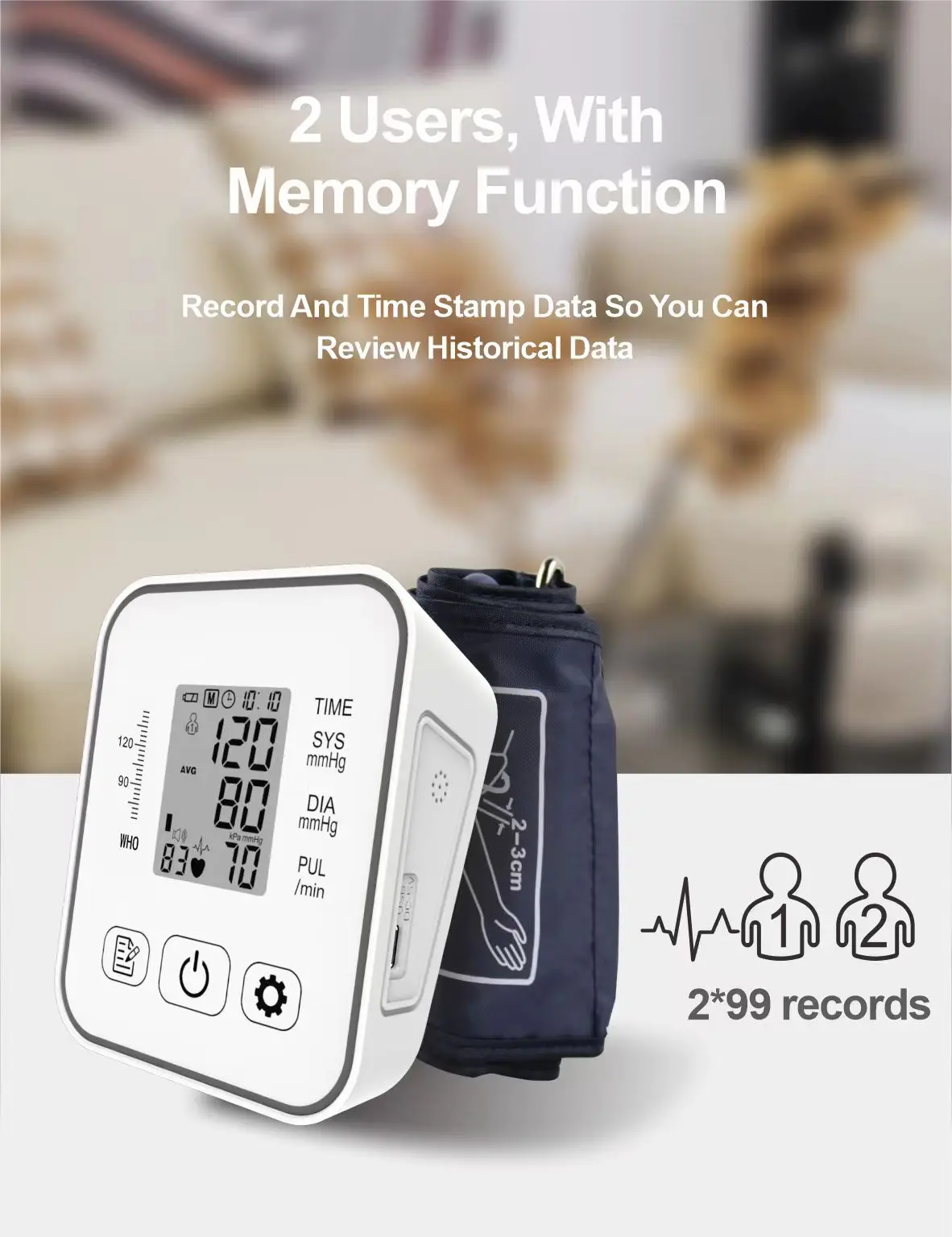 Upper Arm Fully Automatic Electronic Blood Pressure Monitor 2 * 99 Memory Blood Pressure Monitoring Without Voice Charging