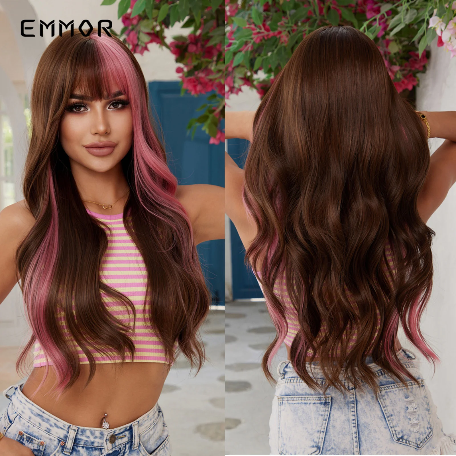 Emmor Youthful Synthetic Wig Long Wavy Curly Ombre Blonde Mixed Pink Wigs for Women Heat Resistant Party Daily Hair Bang Natural