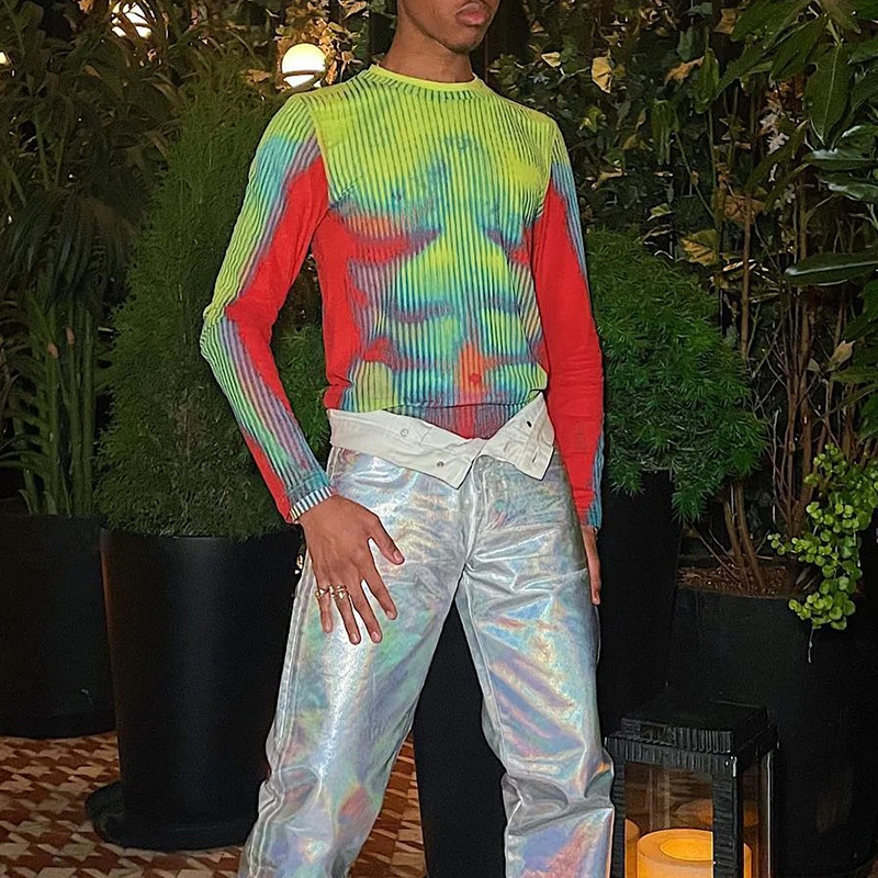 

Project Two Pieces In One Long Sleeve Tshirts Unisex Crew Neck Gradient Human Body Print Y2K Tees Oversized Stretch T-shirt