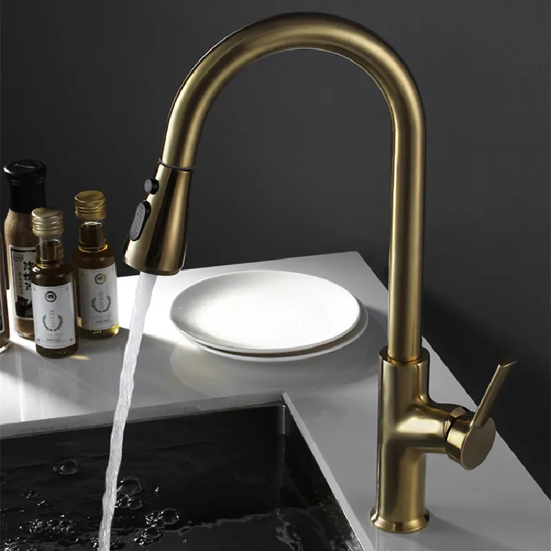 Brushed Gold Copper Kitchen Sink Faucets Hot & Cold Mixer Soild Brass Tap Pull Out Single Handle Deck Mount 360 Degrees Rotating