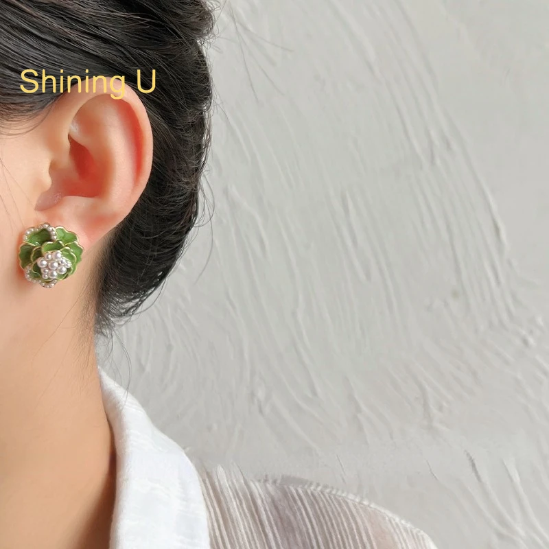 

Shining U Simulated Pearl Enameled Camellia Stud Earrings for Women Fashion Jewelry Spring Gift