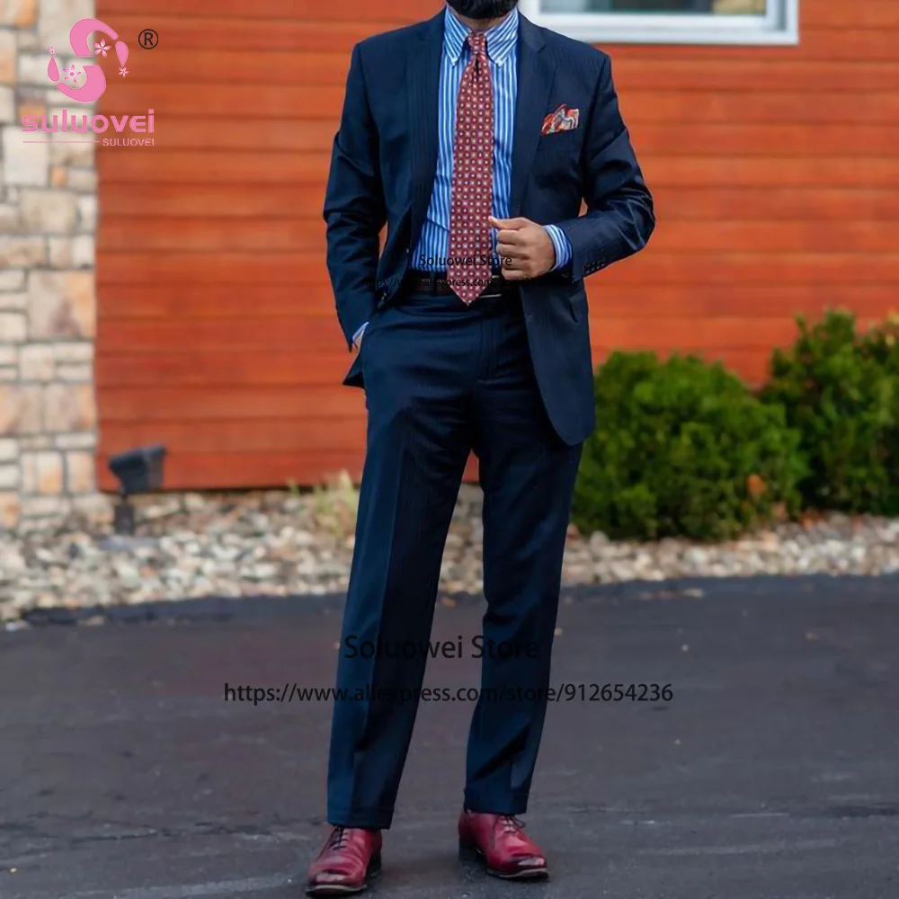Classic Business Stripe Suits For Men Slim Fit 2 Piece Jacket Pants Set Male Office Wear Formal Groom Wedding Notch Lapel Tuxedo