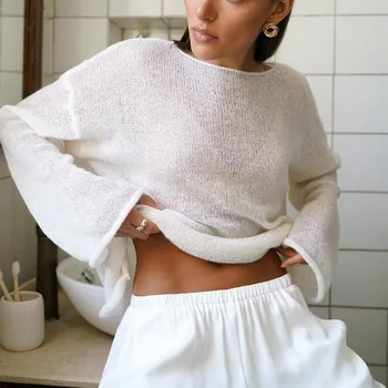 Sheer Mesh Knit Sweater Oversized Boat Neck Long Sleeve Tops for Woman Spring Summer Casual Layering Shirts & Blouses 1