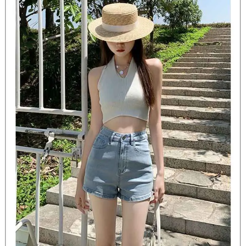 Korean Casual Summer Shorts Women's Solid Button Pocket Zipper High Waist Elastic Force Fashion Versatile Slim Cowboy Shorts