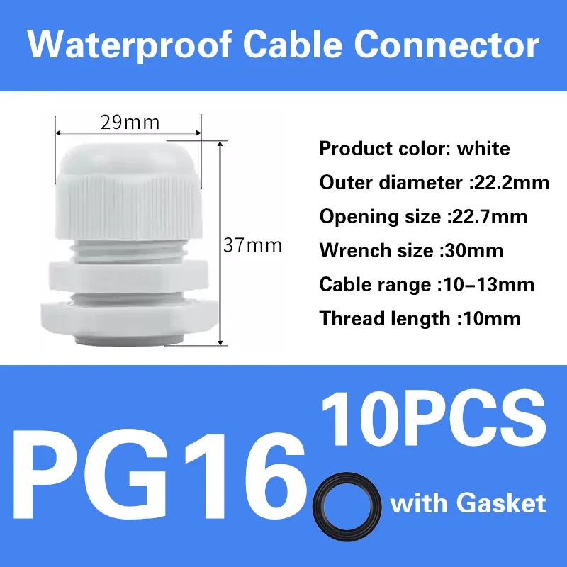 Waterproof IP68 Nylon Cable Gland Connector - White/Black
