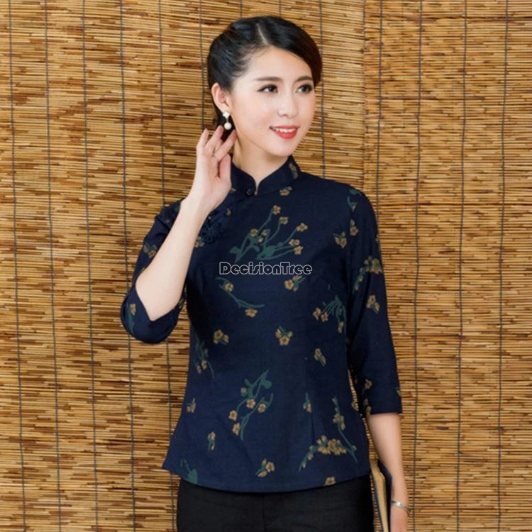Chinese Seven-point Sleeve Women's Retro Printed Cheongsam Top Improved Cotton Linen National Style Tang Suit Blouse w581