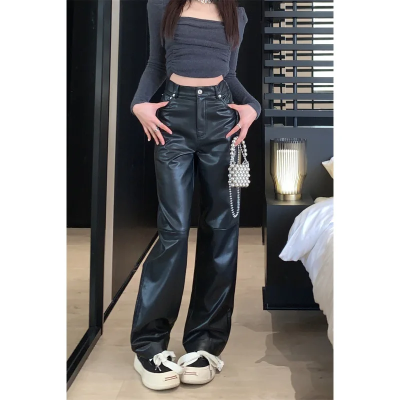 2024 Spring New Korean Women Leather Pants High Waist Straight Slimming Side Pockets Solid Color Casual Party Trousers Y2k