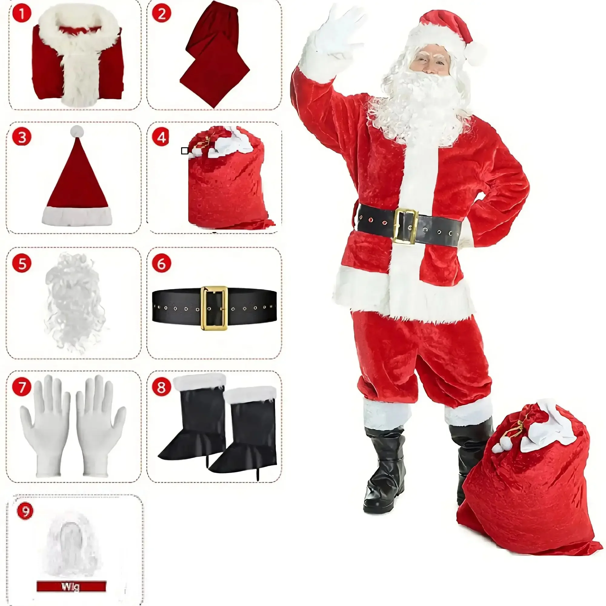 Red Deluxe velvet 9PCS Christmas Party Men Children Family Costume Santa Claus Costume Adult Christmas Cosplay Costume