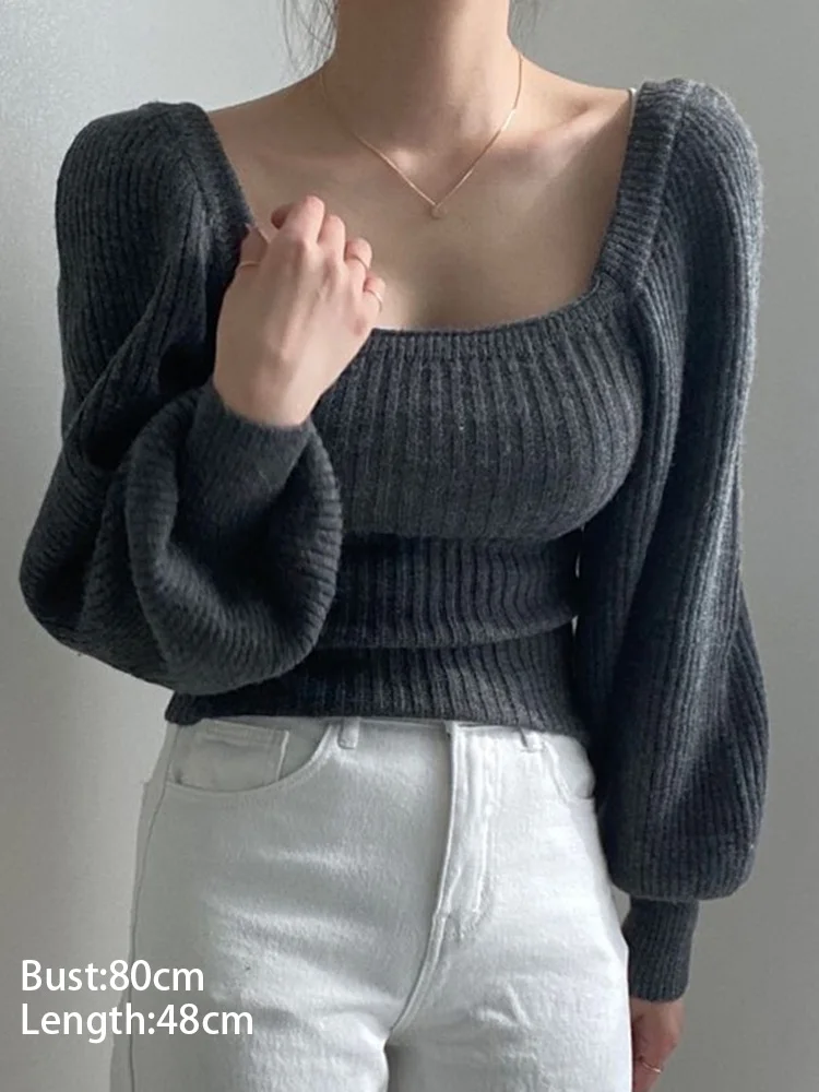 New Solid Color Women's Square Neck Low Neck Lantern Sleeve Sweater Fashion Long Sleeve Slim Knitwear Top
