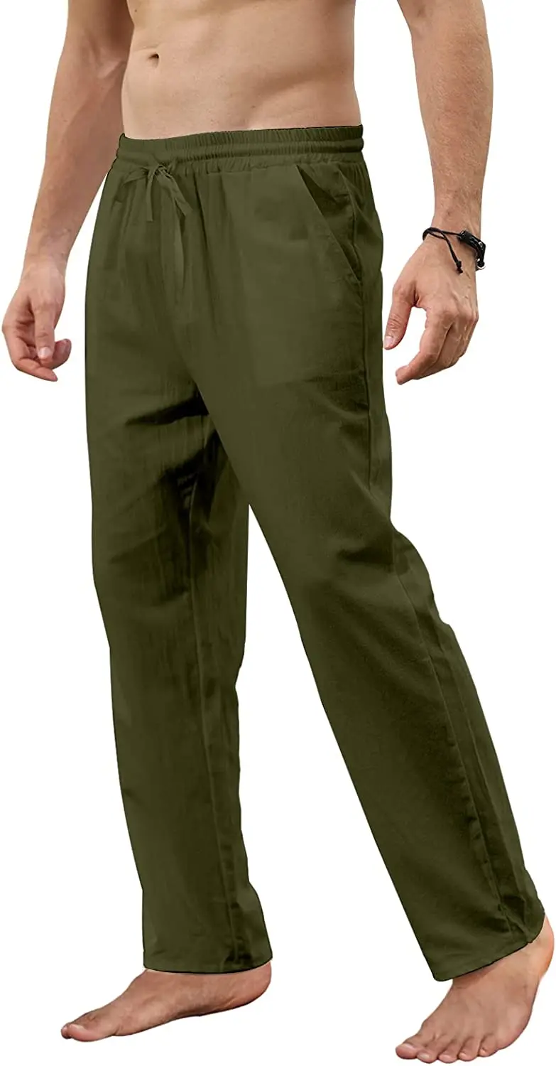 Men Trousers Cotton Linen Loose Autum Casual Breathable Solid Color Drawstring Jogger Yoga Long
