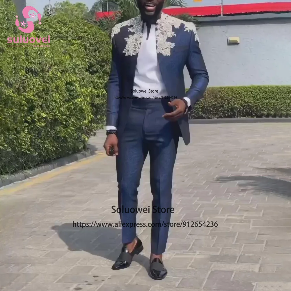 Fashion Embroidery Suits For Men Slim Fit 2 Piece Jacket Pants Sets Formal Groom Wedding Prom Tuxedos Costume Homme Pour Mariage
