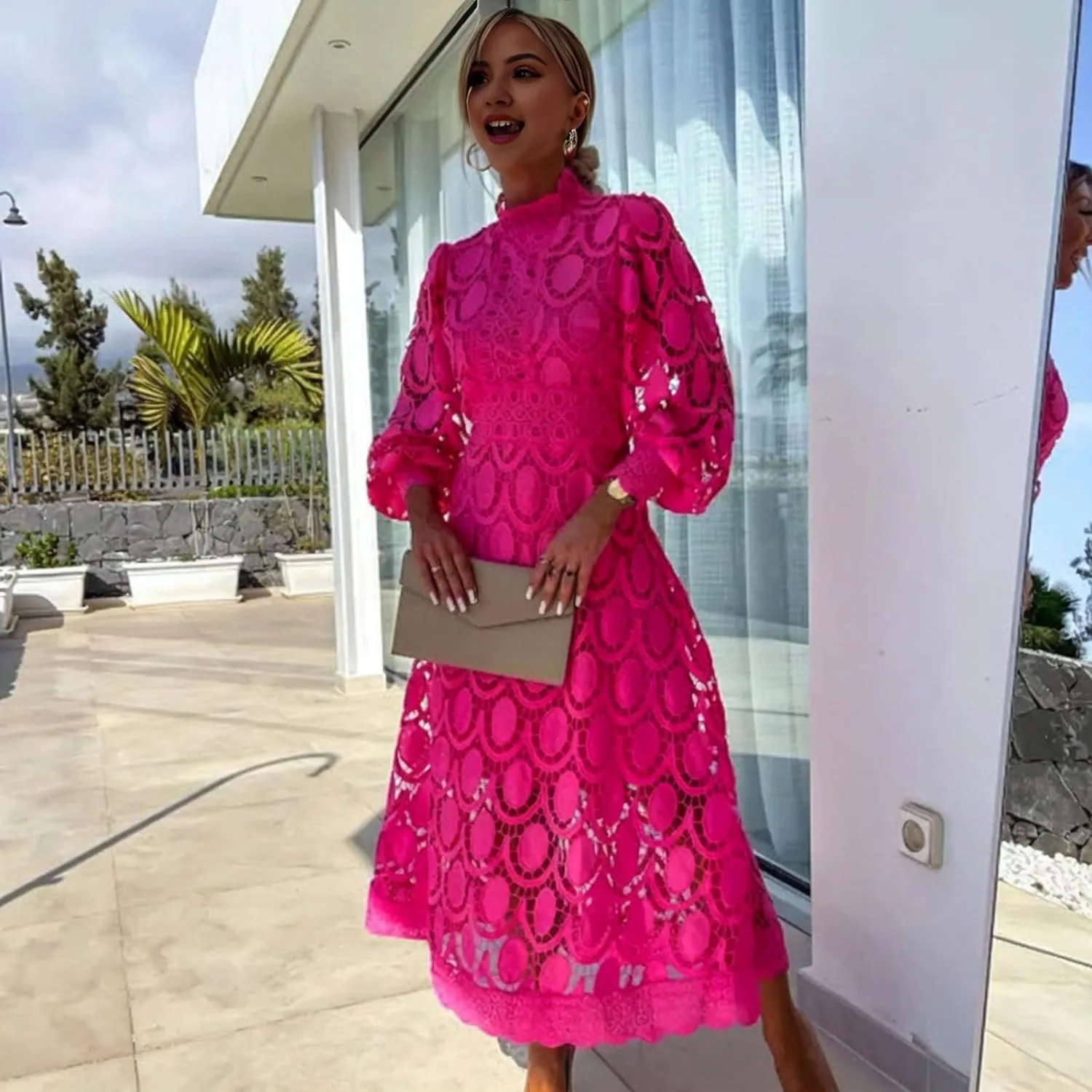 

French Style Gown Lace Cutout Women Dress Hollow Out Stand Collar