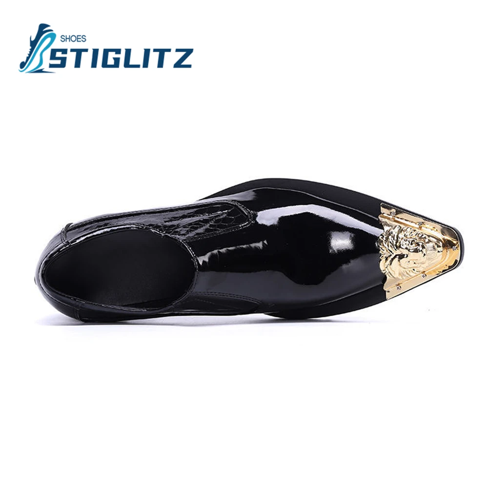 Point Metal Toe Patent Leather Chelseas Square Heel Slip On Mules Men's High Quality Casual Shoes Genuine Leather Formal Shoes