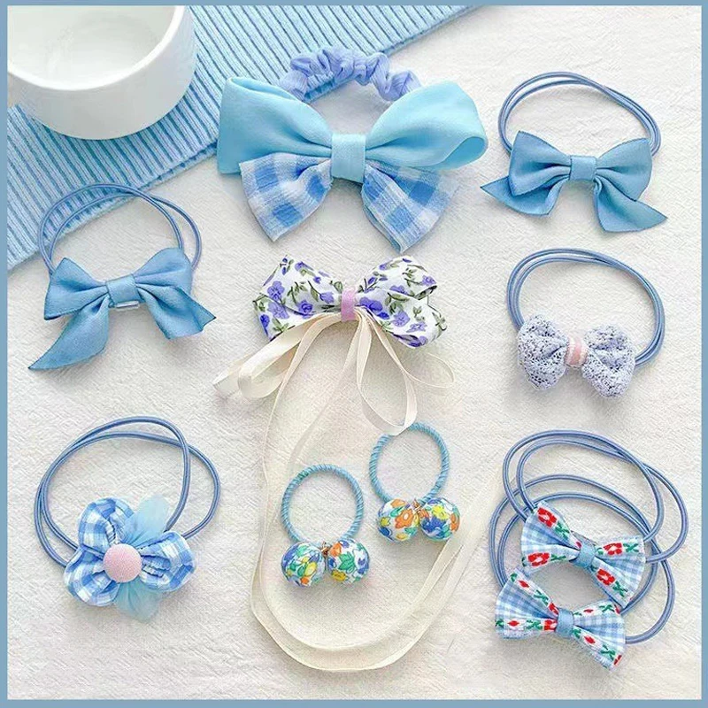10Pcs Children's Leather Bands Baby Hair Rope Girls Fabric Flower Bow Hair Ornaments Cute Ponytail Headdress