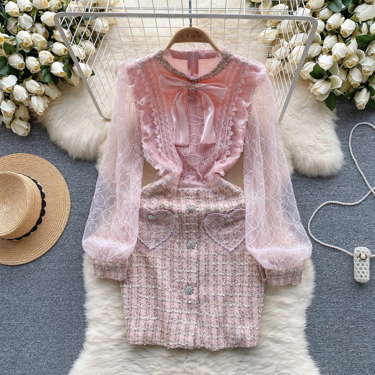 

MSHARBOR Winte Luxury Socialite Mesh Short Dress Boutique Heavy Industry Splicing Sequin Lace Woolen Patchwork Bow Pink Dress