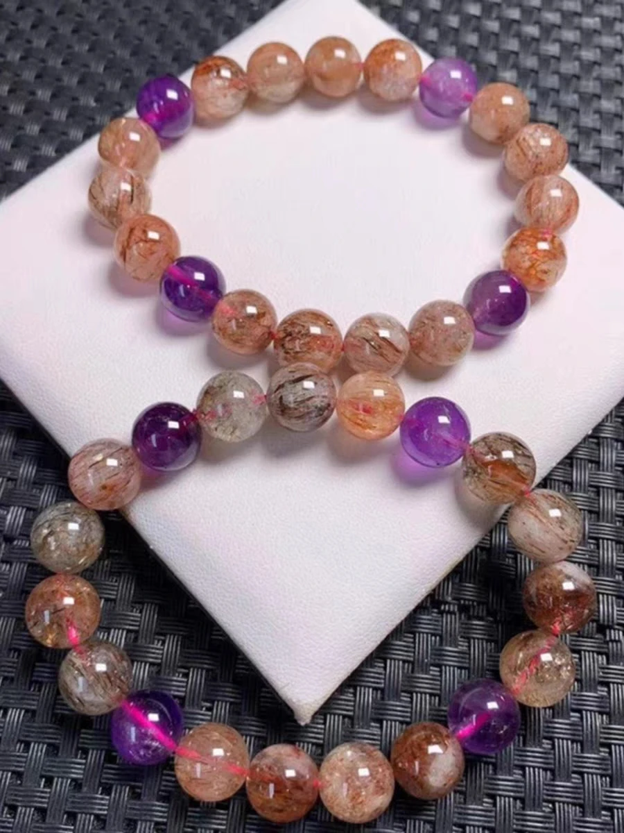 Natural Super Seven 7 Rutilated Red Lepidocrocite Quartz Bracelet 10mm Clear Round Beads Crystal Women Men AAAAA