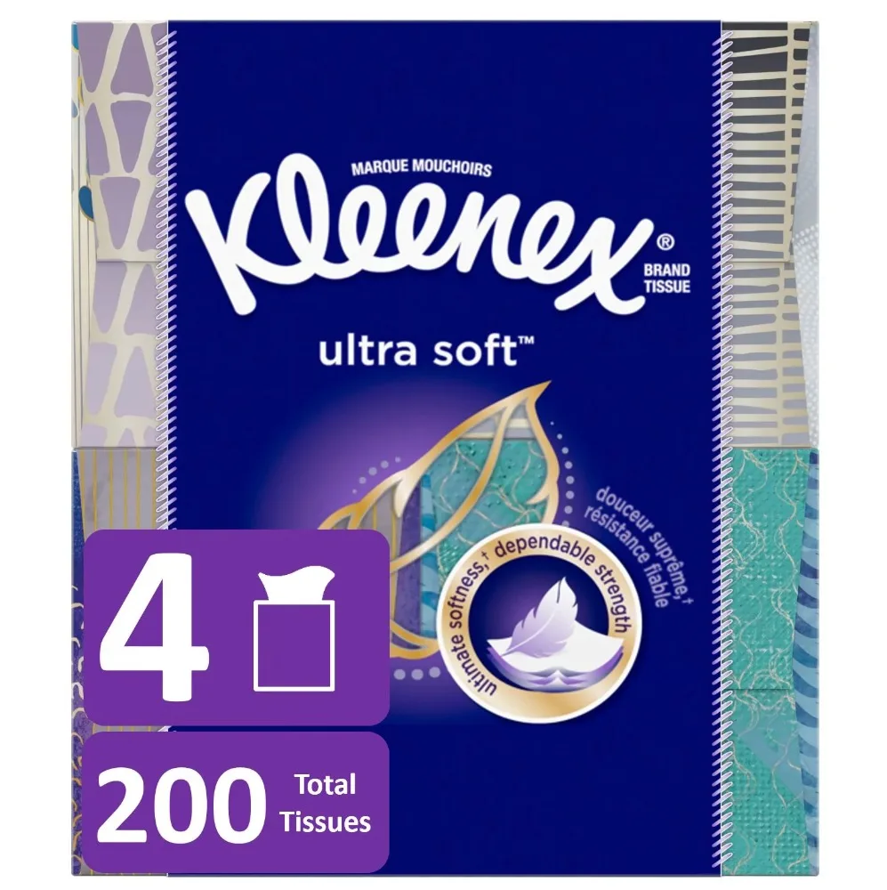 

Kleenex Ultra Soft, без лосьона, салфетки для лица, 50 салфеток в кубической коробке, 4 упаковки (всего 200 салфеток)