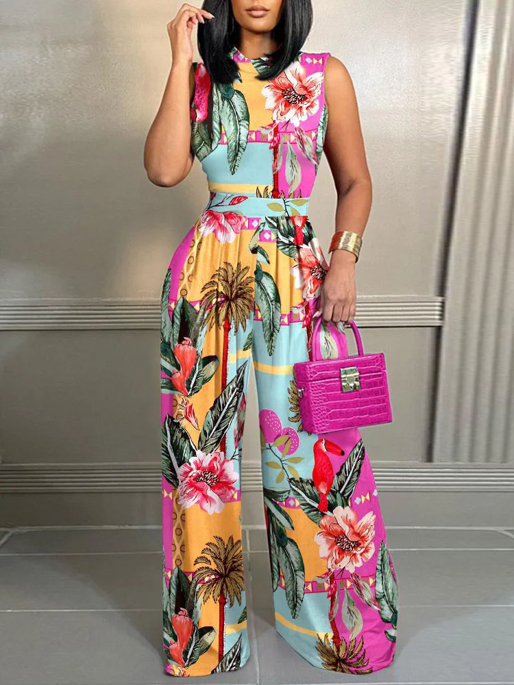 

Elegant Women Loose Wide Leg Pants Rompers Streetwear Lady Sleeveless Slim Fit Jumpsuits 2023 Summer High Waist Print Long Pants