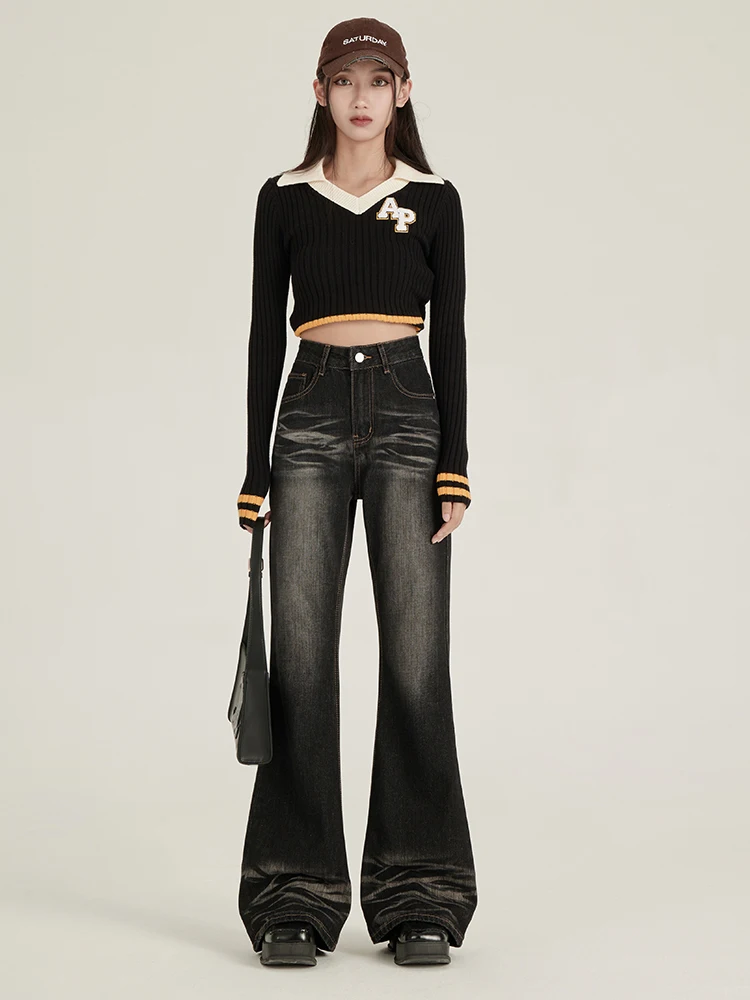 Jeans Women's Washed Cotton American Retro High Street Black Gray Horn Autumn Winter Fleece-Lined Loose Slimming Flared Trousers