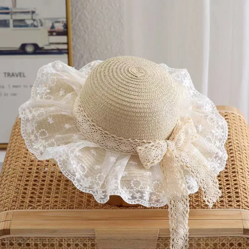 Summer Baby Girl Straw Hat Solid Color Lace Ruffle Kids Fisherman Cap Outdoor Beach Caps Sunshade Wide-brim Bucket Hats Baby & Maternity