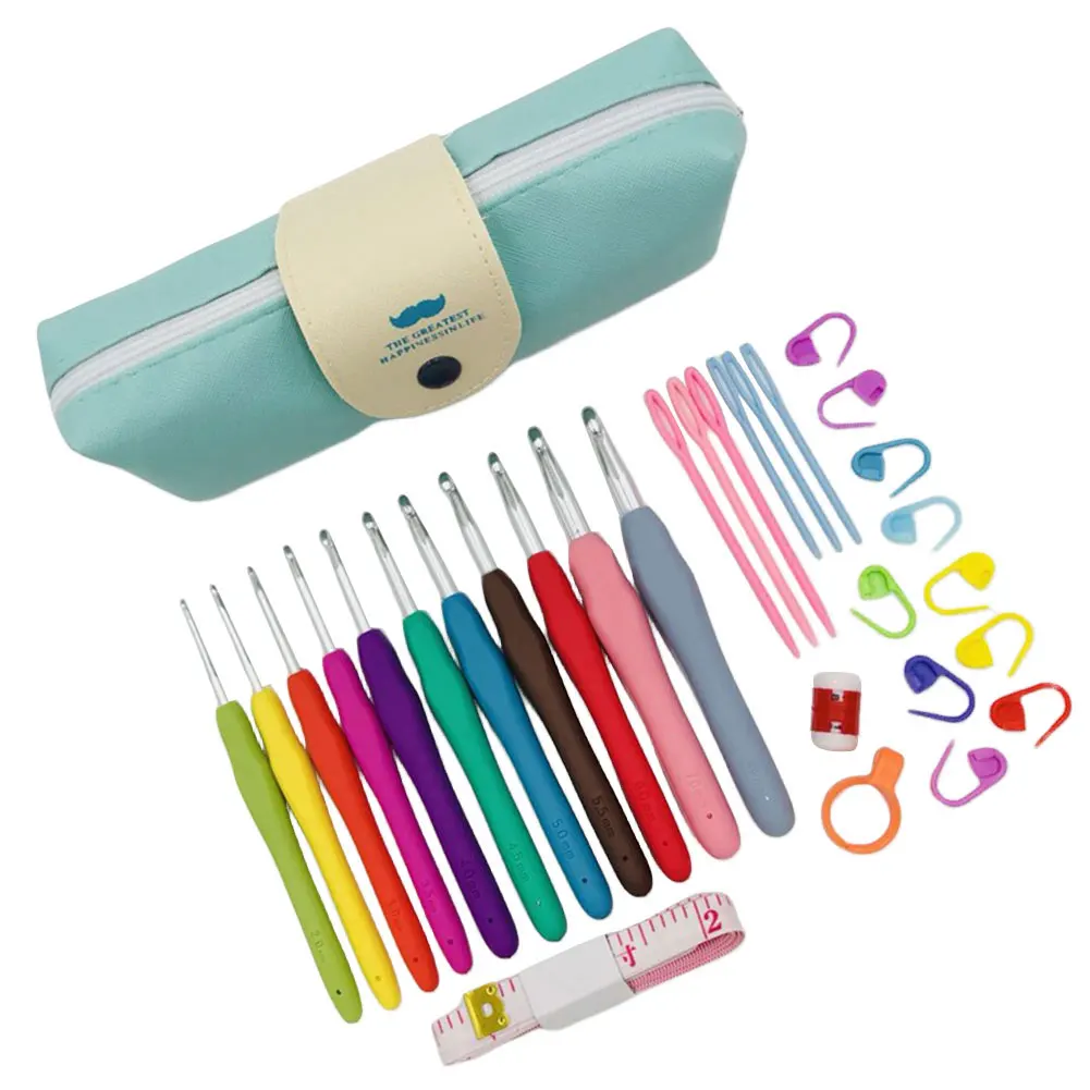 11PCS Colorful Rubber Handle Knitting Needles Kit With Sewing Clips Plastic Needles Staniless Steel Scissors Crochet Hooks Set