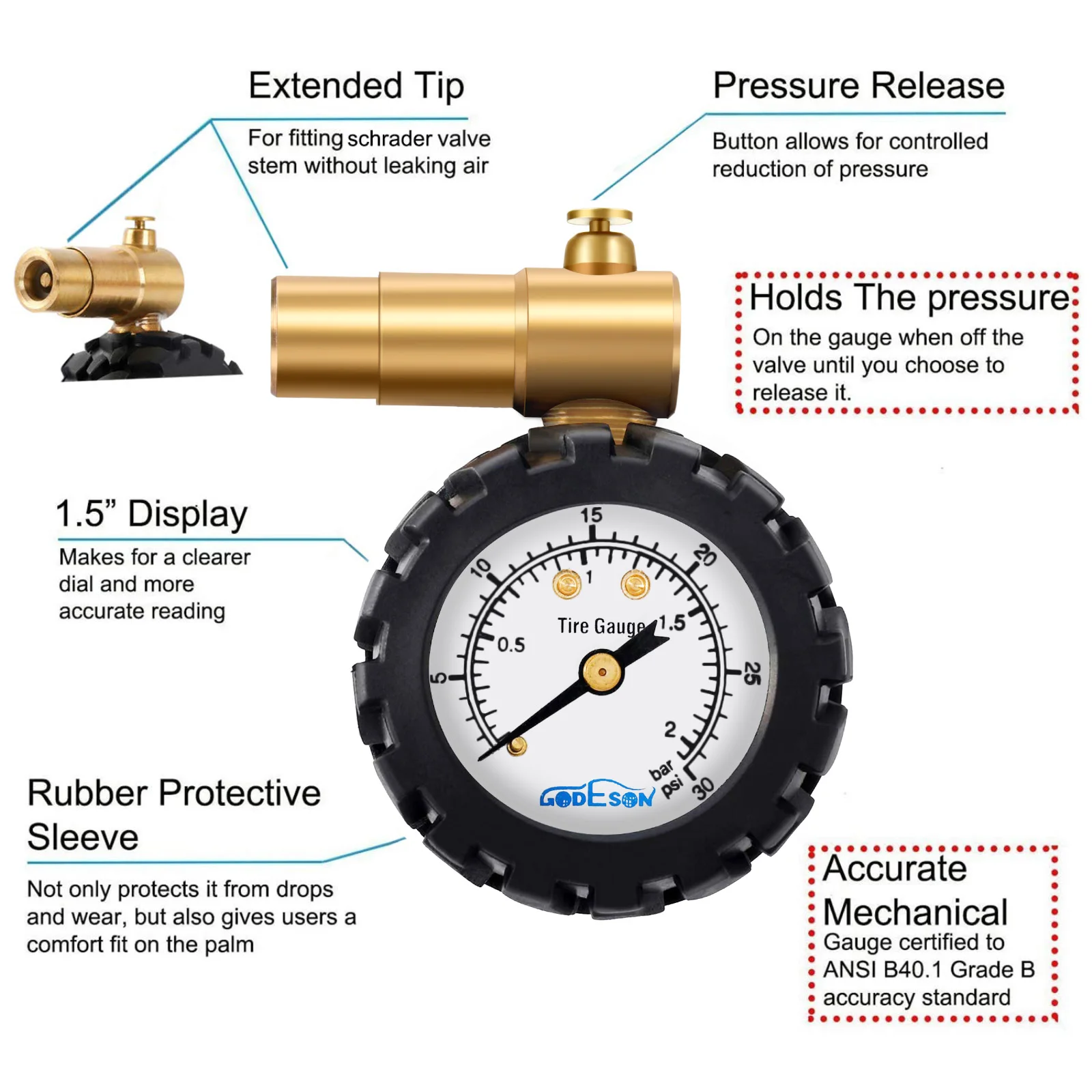 Фото Манометр для шин ATsafepro, толстый клапан, PSI, 30 PSI, для горных велосипедов, дорожные автомобильные аксессуары №2