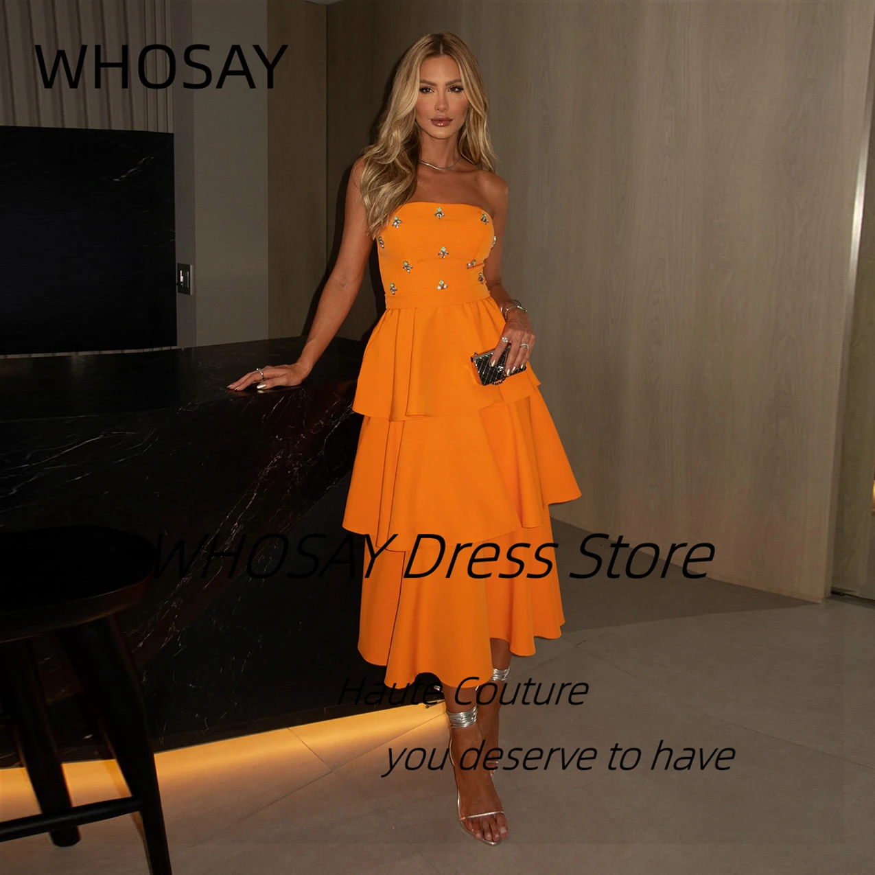 

WHOSAY Strapless Prom Dresses with Crystals Zipper Back Homecoming Party Dress Tiered A Line Robe Des Cocktail Evening Gowns